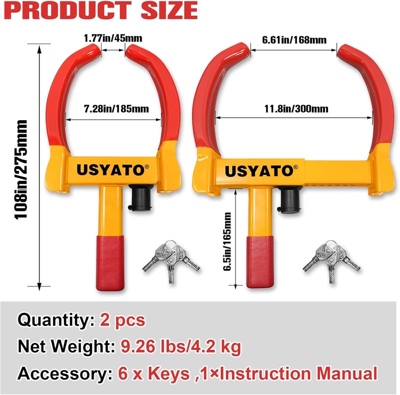 USYATO 2Pcs Universal Heavy Duty Wheel Lock - Anti Theft Trailer Lock & Car Boot, Adjustable Security Tire 11.4" for Trailers, Cars, Golf Cart, ATV, SUV, RV, Boat, Camper, Motorcycle | Includes 2 Keys - Image 2
